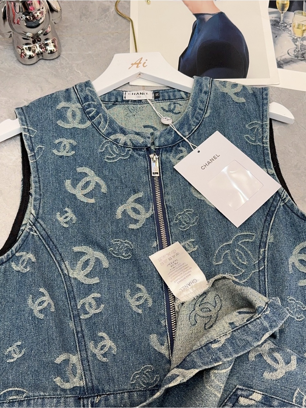 CHANEL Dark Blue Denim Logo Zip-Front Mini Dress with Gold-Tone Rope Belt - Picture 9 of 9